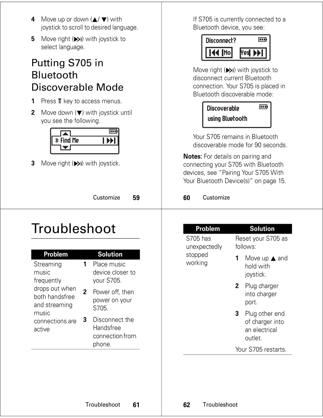 Motorola quick start Troubleshoot, Putting S705, Bluetooth, Discoverable Mode 