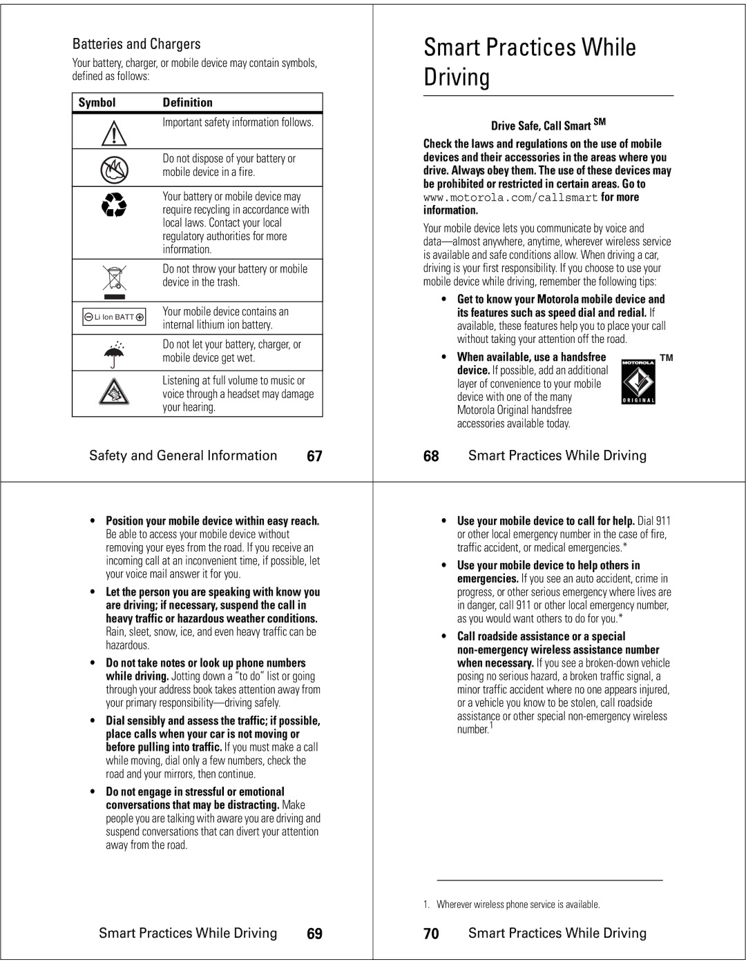 Motorola S705 quick start Smart Practices While, Driving 