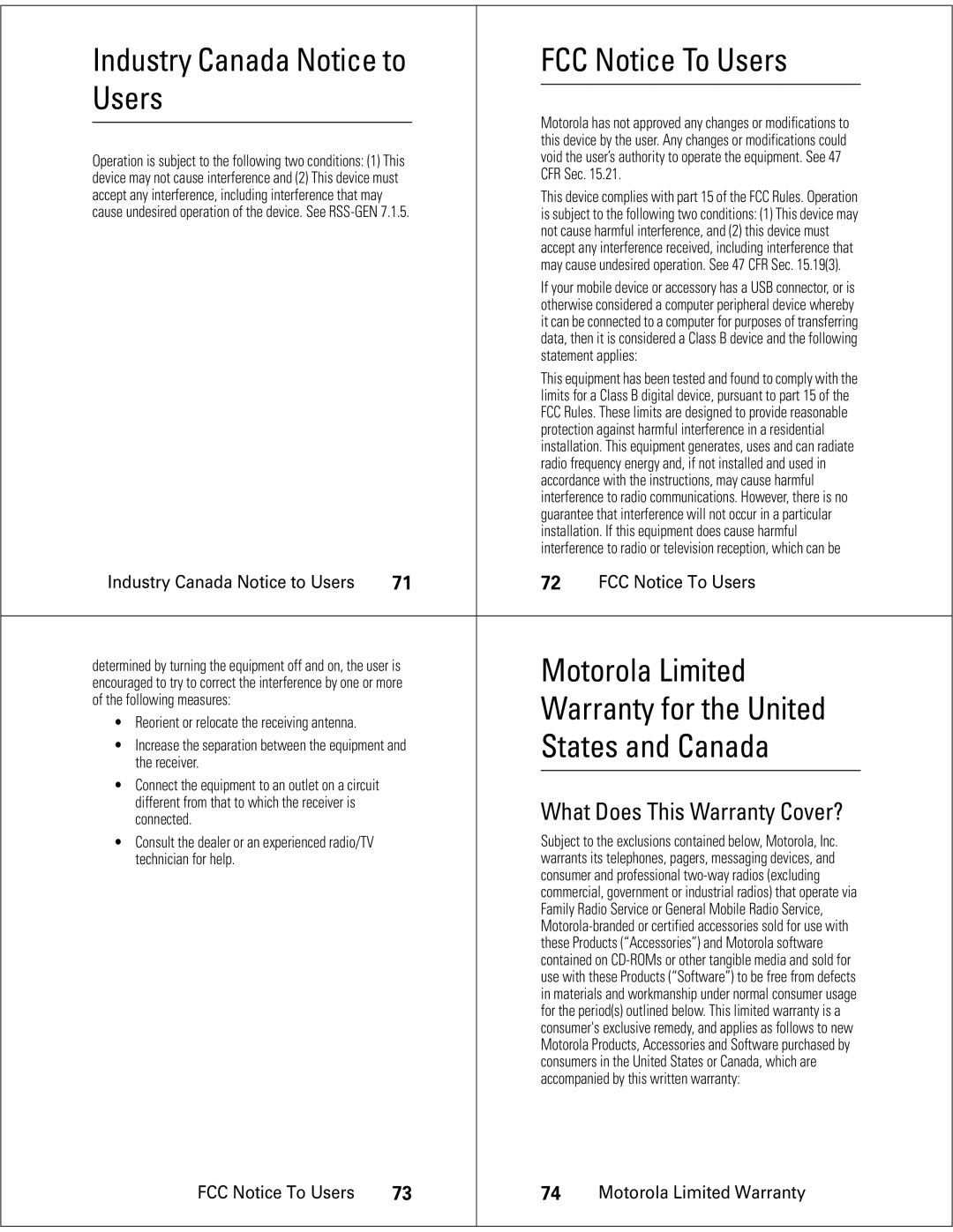 Motorola S705 Industry Canada Notice to FCC Notice To Users, Motorola Limited, States and Canada, Warranty for the United 