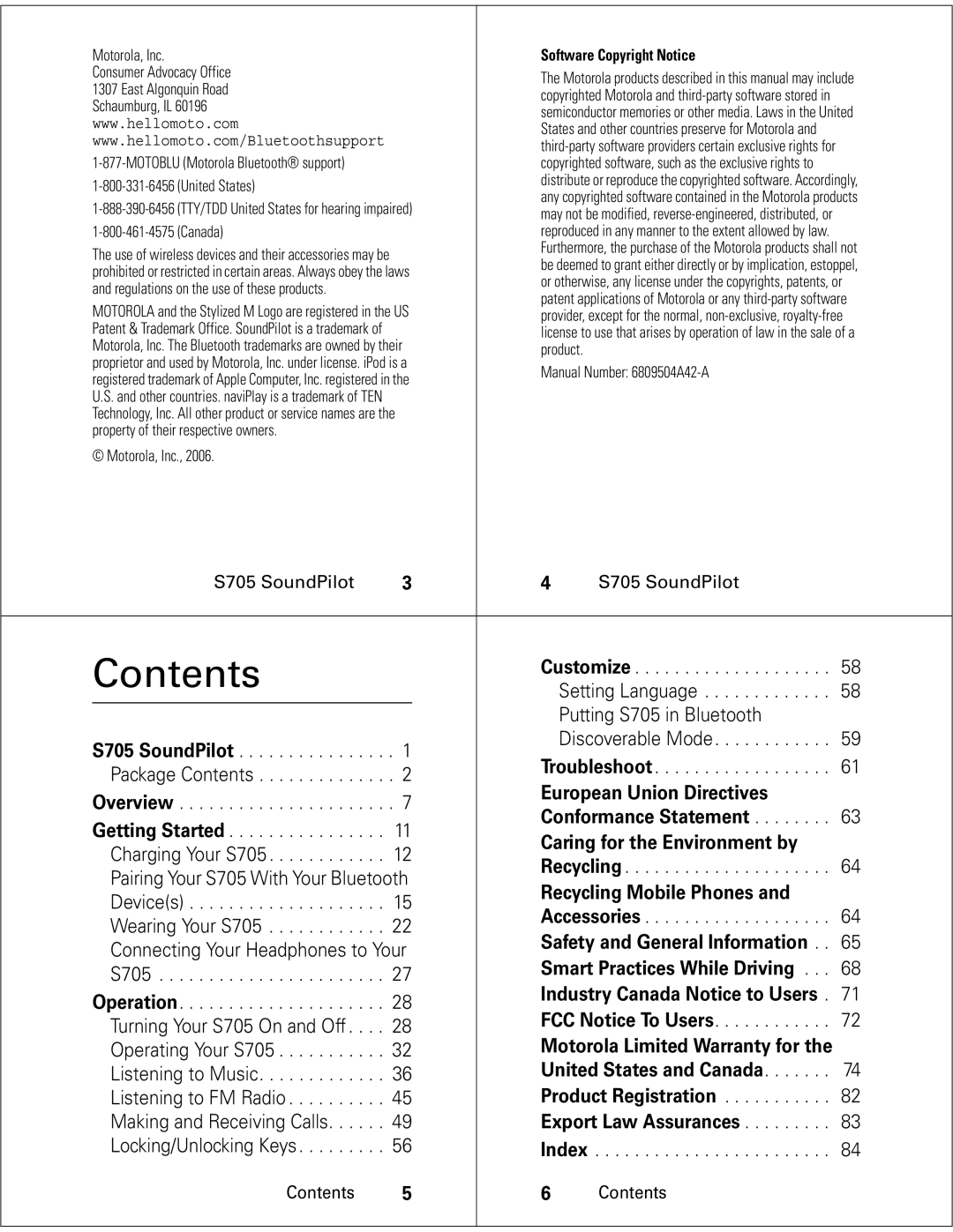 Motorola S705 quick start Contents 