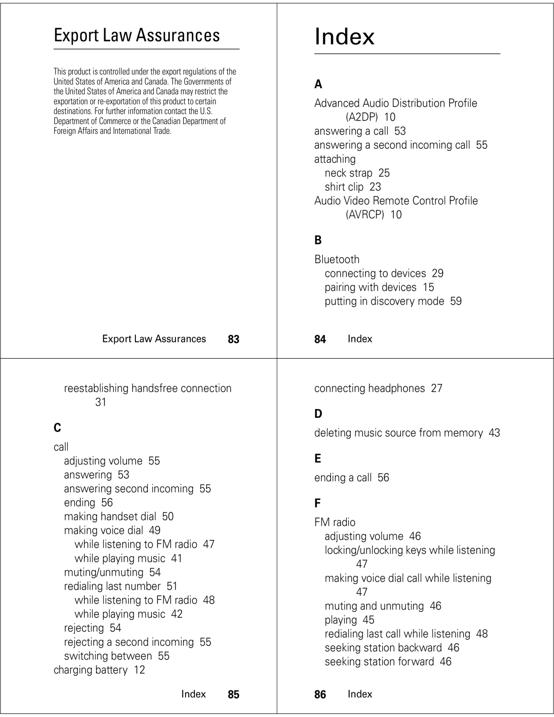 Motorola S705 quick start Index 