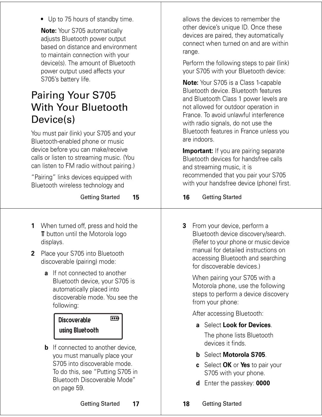 Motorola quick start Pairing Your S705, With Your Bluetooth, Devices 