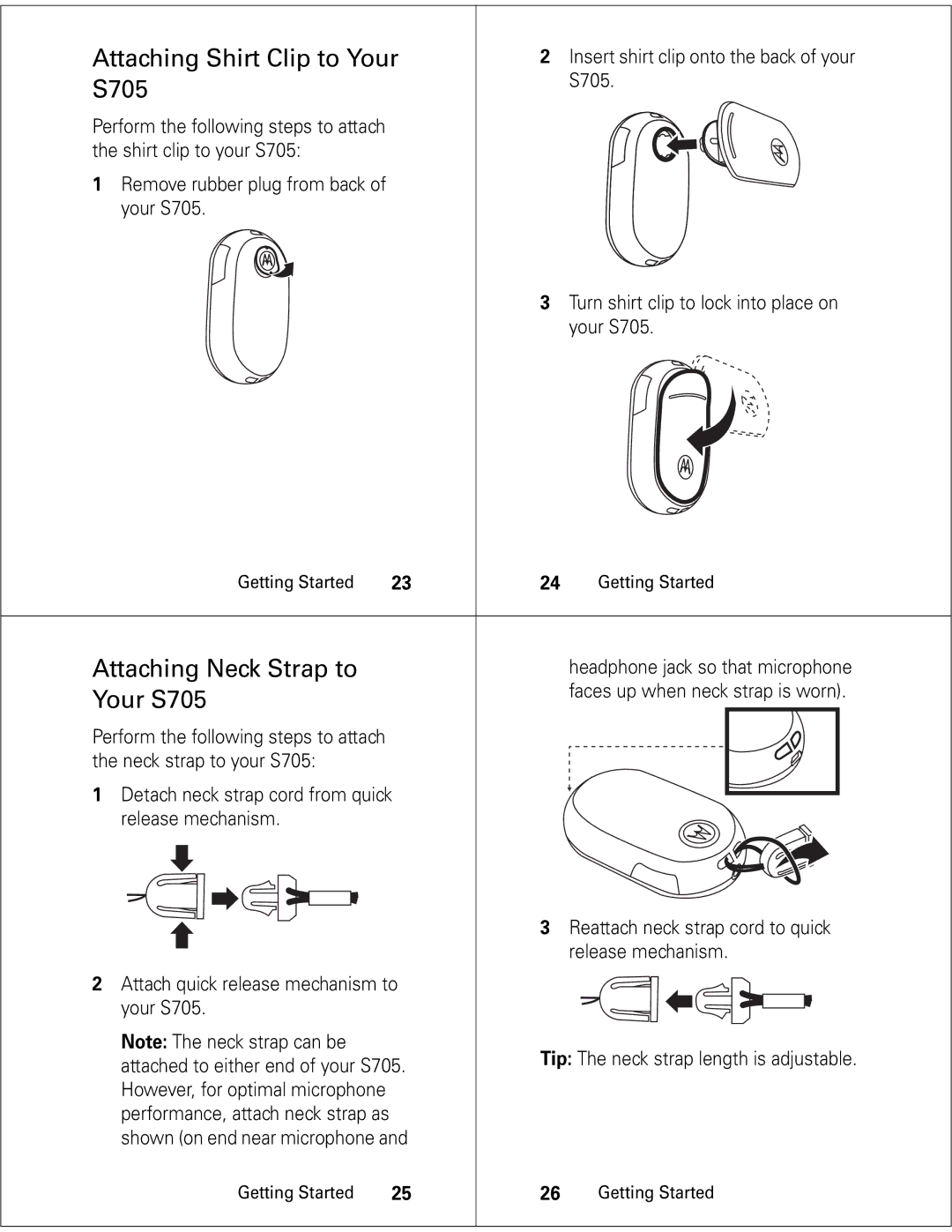 Motorola Attaching Shirt Clip to Your, Attaching Neck Strap to, Your S705, Attached to either end of your S705 