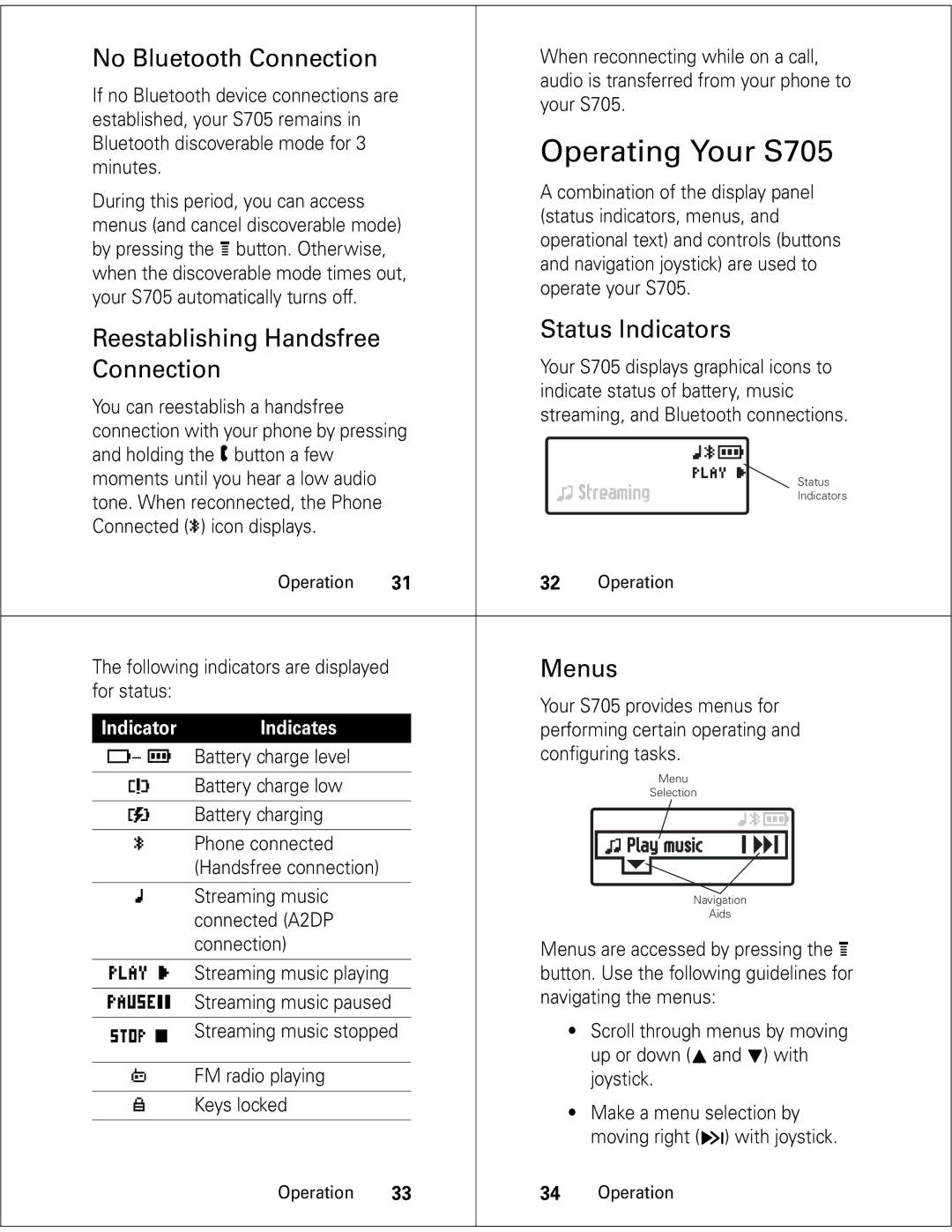 Motorola Operating Your S705, No Bluetooth Connection, Reestablishing Handsfree Status Indicators Connection, Menus 