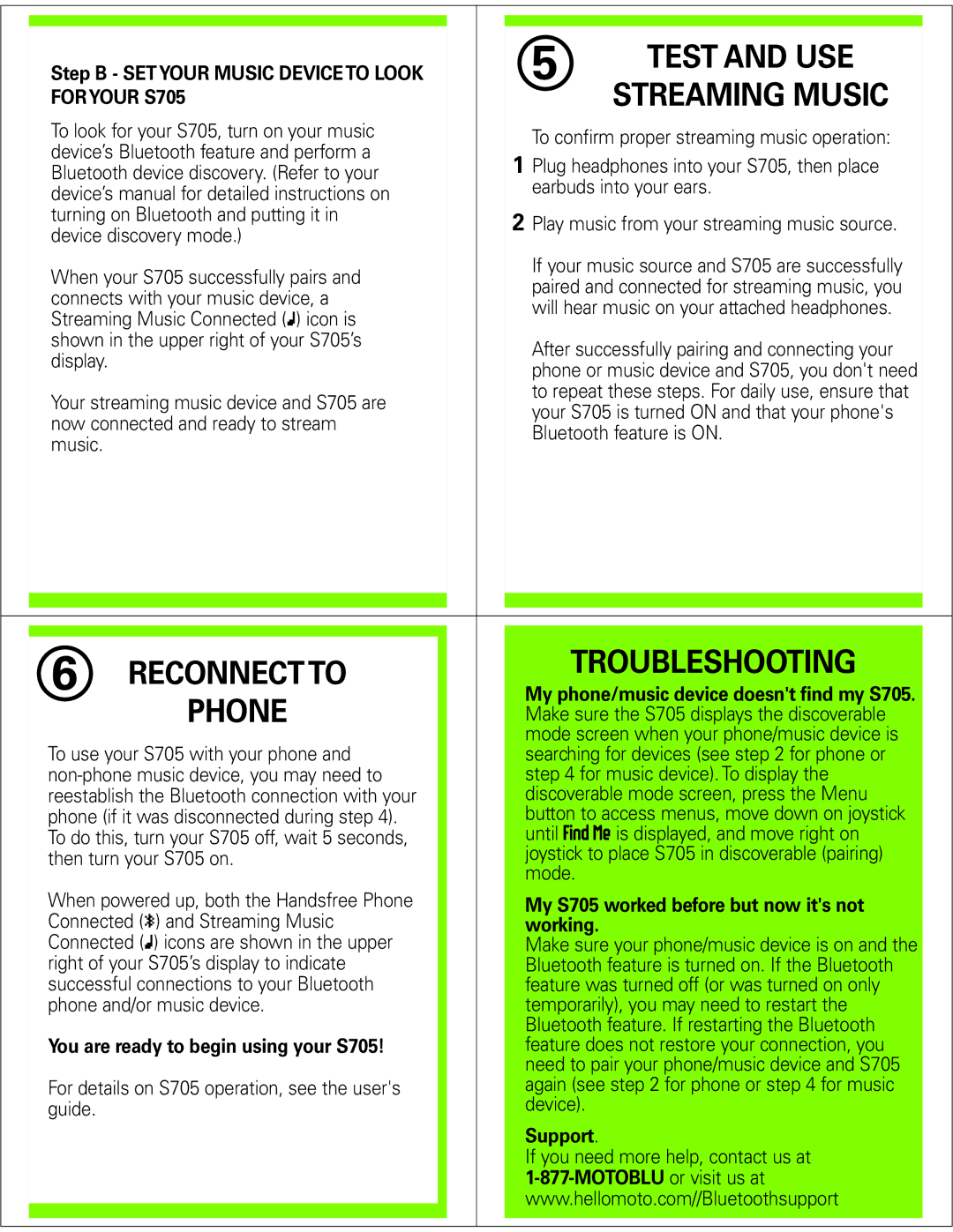 Motorola S705 manual Troubleshooting, Reconnect to, Streaming Music 