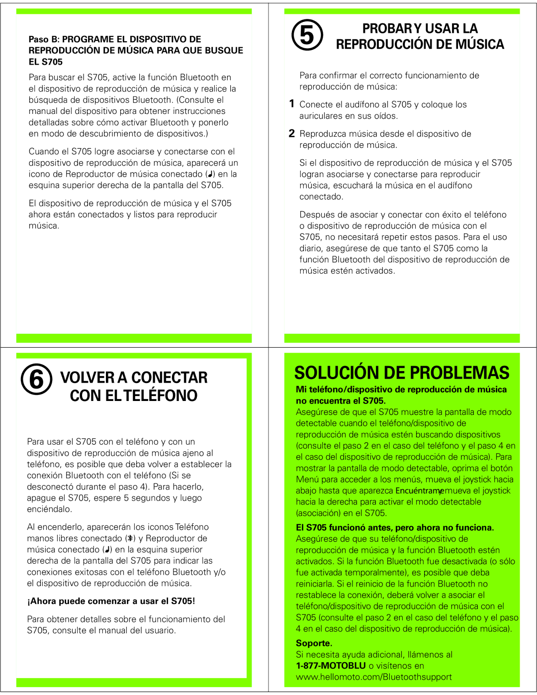 Motorola S705 manual Solución DE Problemas, Volver a Conectar, CON EL Teléfono, Reproducción DE Música 