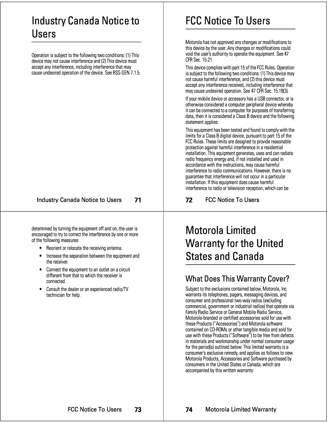 Motorola S705 Industry Canada Notice to, FCC Notice To Users, Motorola Limited, States and Canada, Warranty for the United 