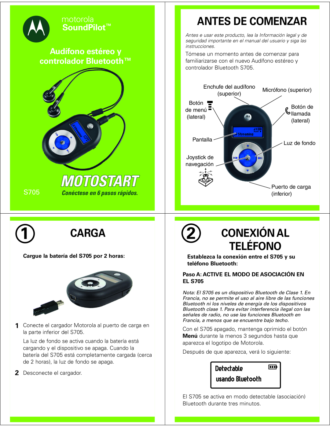 Motorola Antes De Comenzar, Carga, Conexión Al, Teléfono, Detectable, usando Bluetooth, motorola, SoundPilot, EL S705 