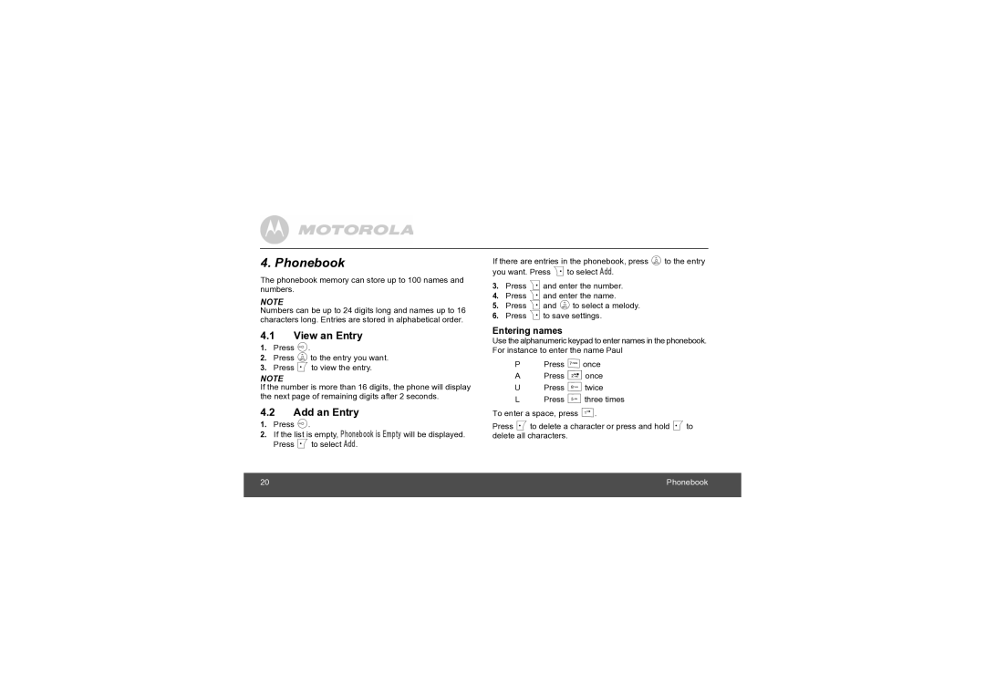 Motorola S804, S803, S802, S801 manual Phonebook, View an Entry, Add an Entry, Entering names 