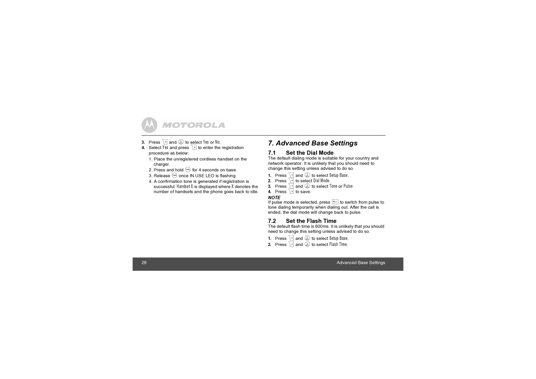 Motorola S804, S803, S802, S801 manual Advanced Base Settings, Set the Dial Mode, Set the Flash Time 