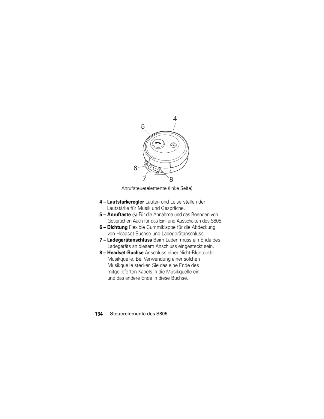 Motorola S805 manual Anrufsteuerelemente linke Seite, Und das andere Ende in diese Buchse 