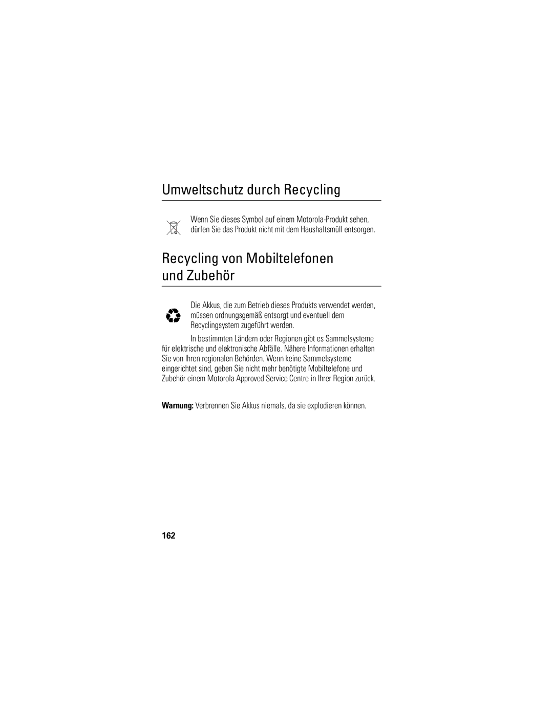 Motorola S805 manual Umweltschutz durch Recycling, Recycling von Mobiltelefonen und Zubehör, 162 