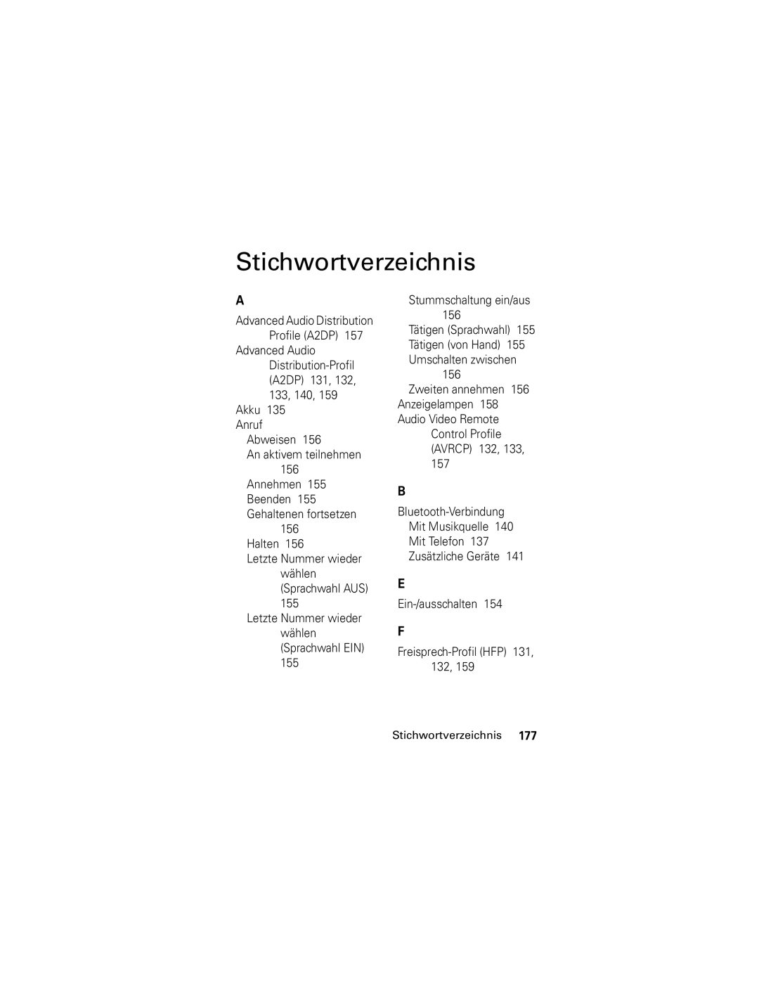 Motorola S805 manual Stichwortverzeichnis, Akku 135 Anruf Abweisen An aktivem teilnehmen Annehmen 