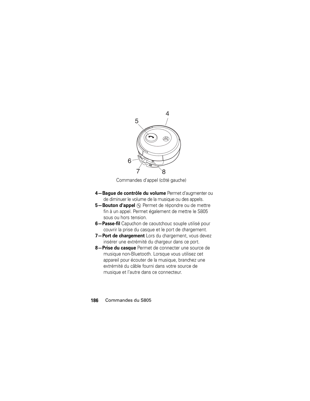 Motorola S805 manual Commandes d‘appel côté gauche 