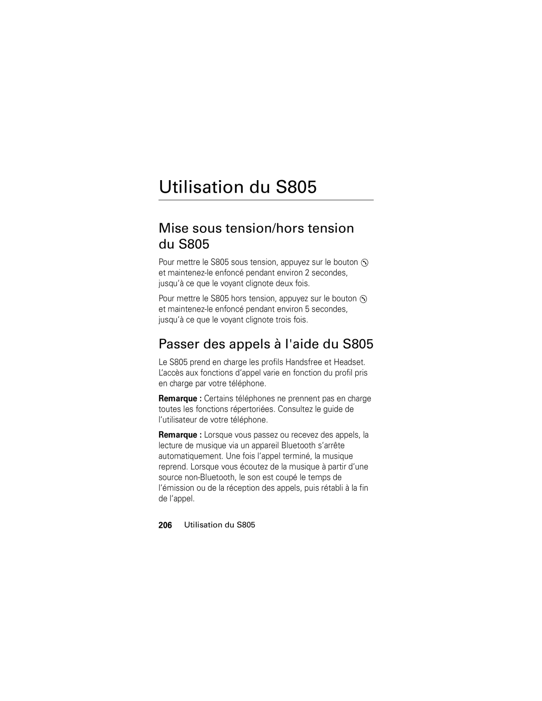 Motorola manual Utilisation du S805, Mise sous tension/hors tension du S805, Passer des appels à laide du S805 