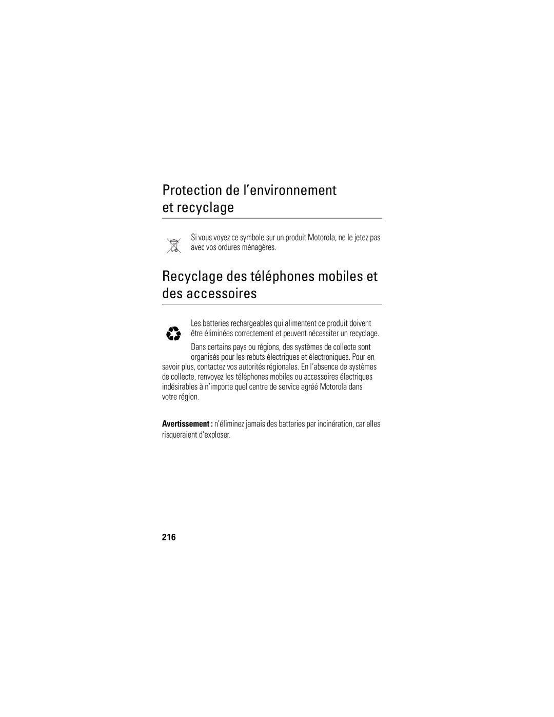 Motorola S805 manual Protection de l’environnement et recyclage, 216 