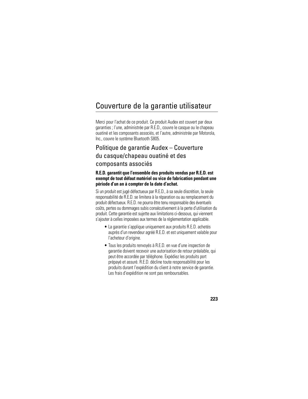 Motorola S805 manual Couverture de la garantie utilisateur, 223 