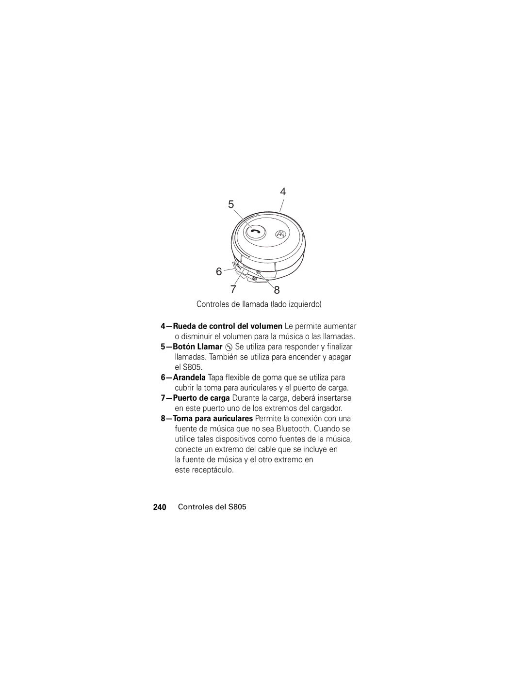 Motorola S805 manual Controles de llamada lado izquierdo, La fuente de música y el otro extremo en este receptáculo 