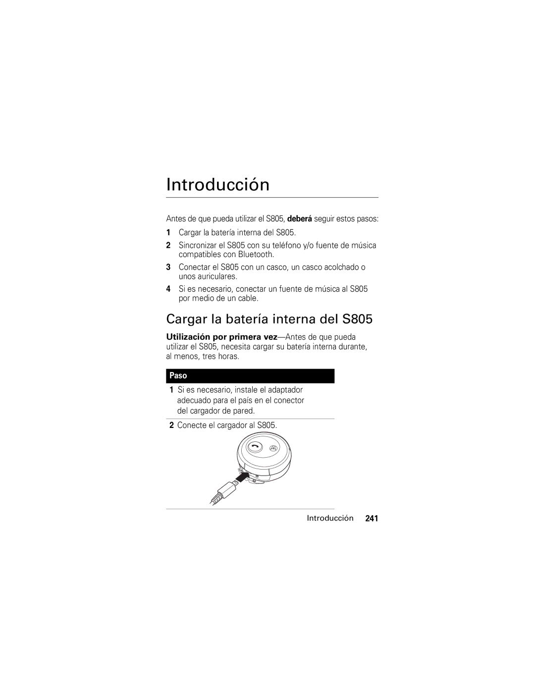 Motorola manual Introducción, Cargar la batería interna del S805, Paso, Conecte el cargador al S805 