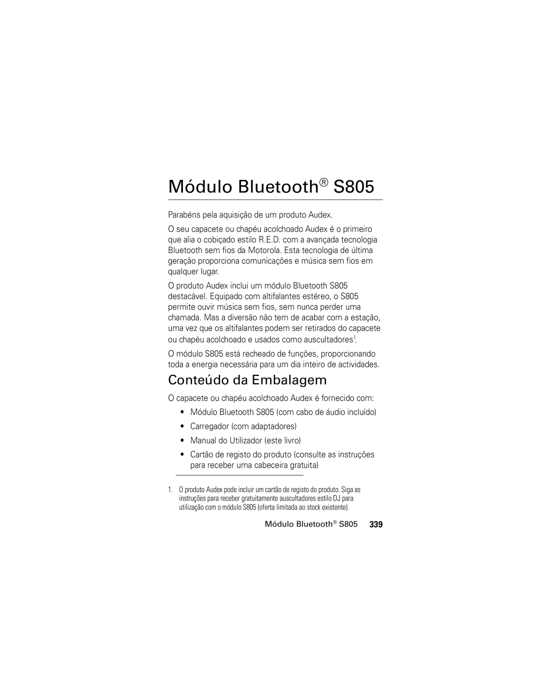 Motorola manual Módulo Bluetooth S805, Conteúdo da Embalagem 