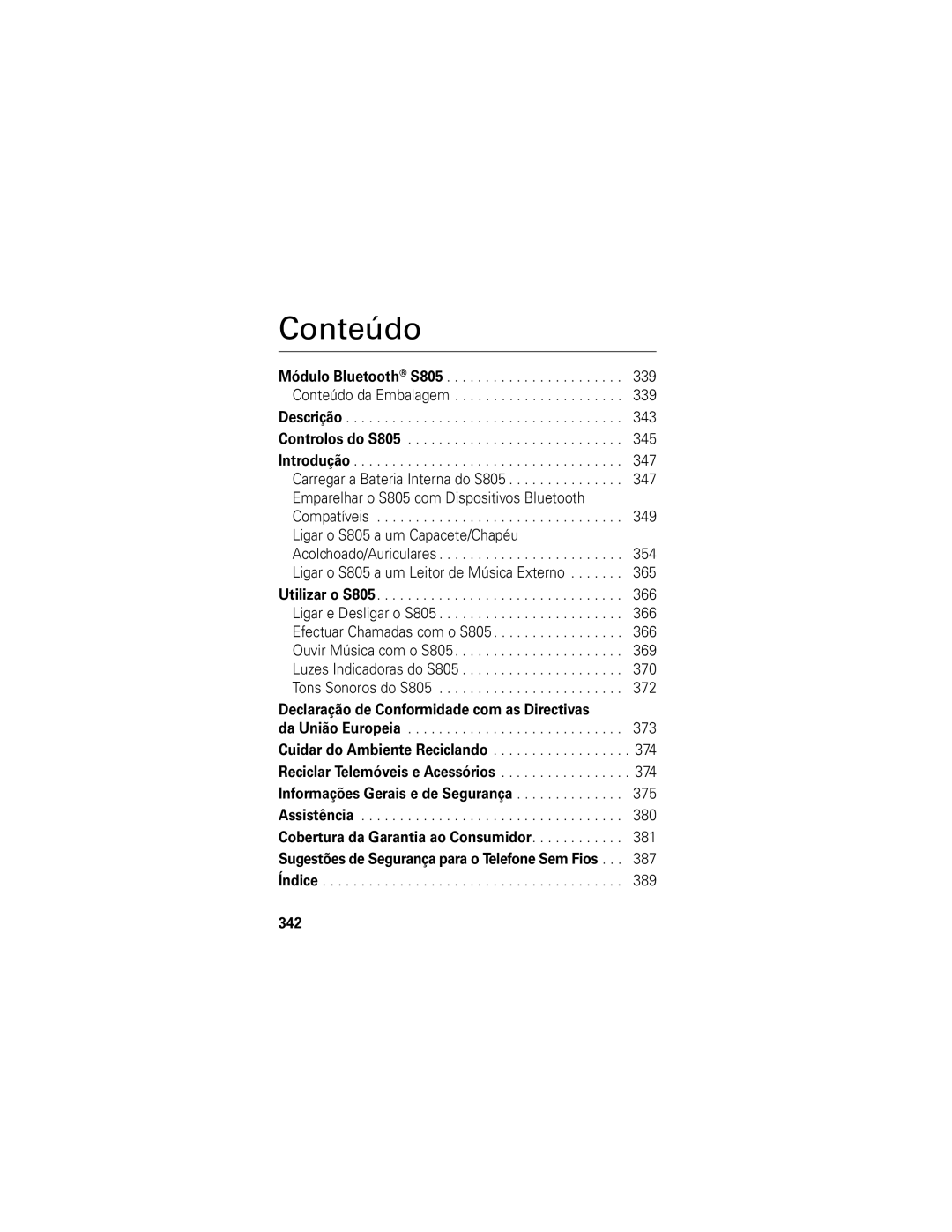 Motorola S805 manual Conteúdo, 345, Declaração de Conformidade com as Directivas, 342 