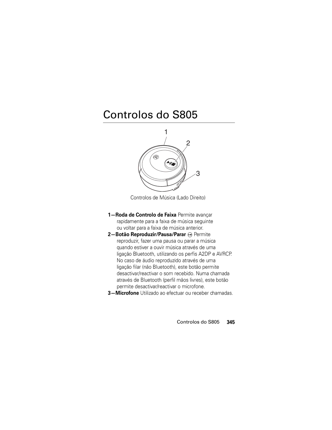 Motorola manual Controlos do S805, Controlos de Música Lado Direito, MicrofoneUtilizado ao efectuar ou receber chamadas 