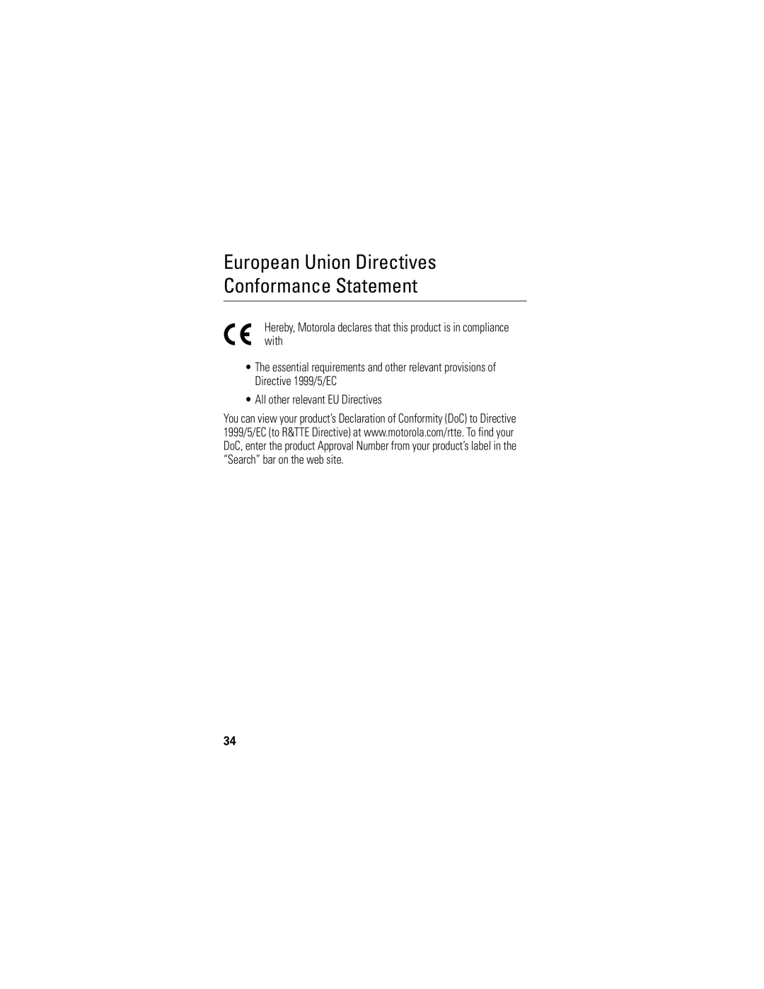 Motorola S805 manual European Union Directives Conformance Statement 