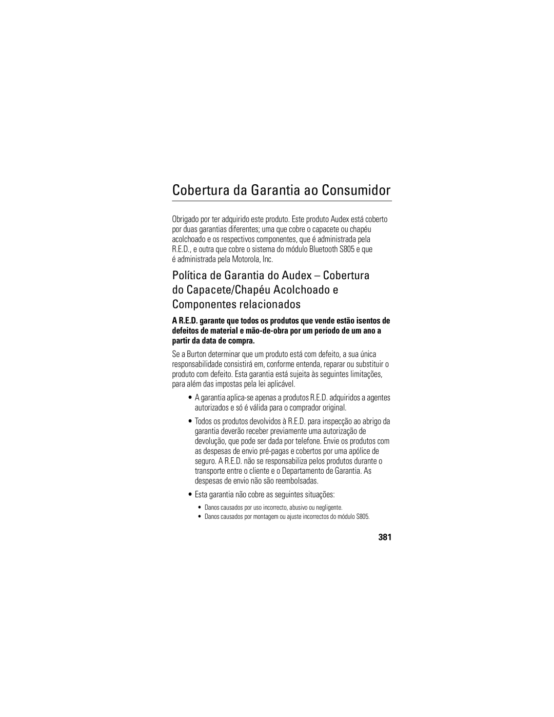 Motorola S805 manual Cobertura da Garantia ao Consumidor, Administrada pela Motorola, Inc, 381 