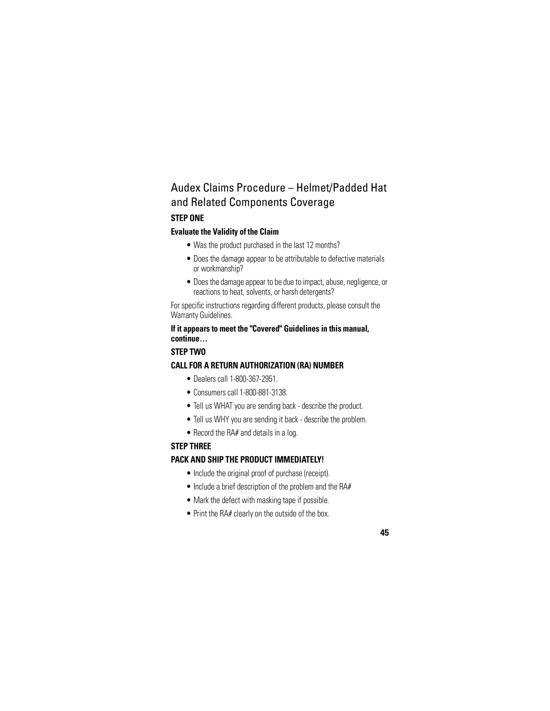 Motorola S805 manual Step ONE, Evaluate the Validity of the Claim, Step TWO Call for a Return Authorization RA Number 