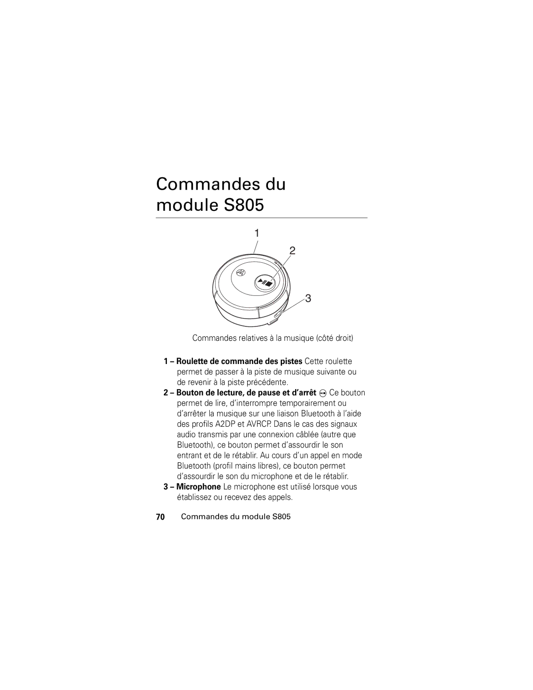 Motorola manual Commandes du module S805, Commandes relatives à la musique côté droit 