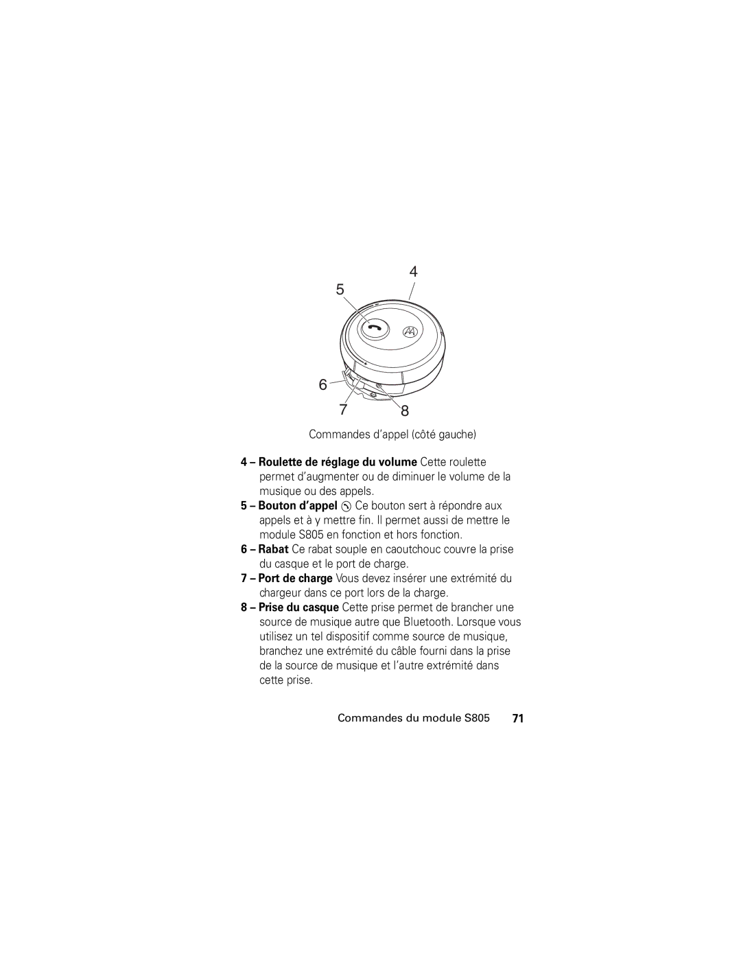 Motorola S805 manual Commandes d’appel côté gauche 