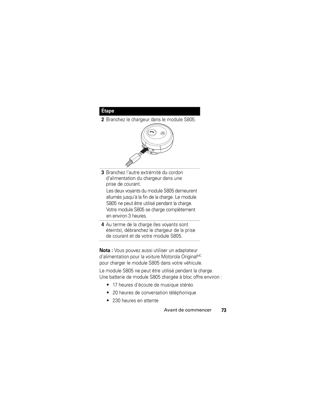 Motorola manual Votre module S805 se charge complètement en environ 3 heures 