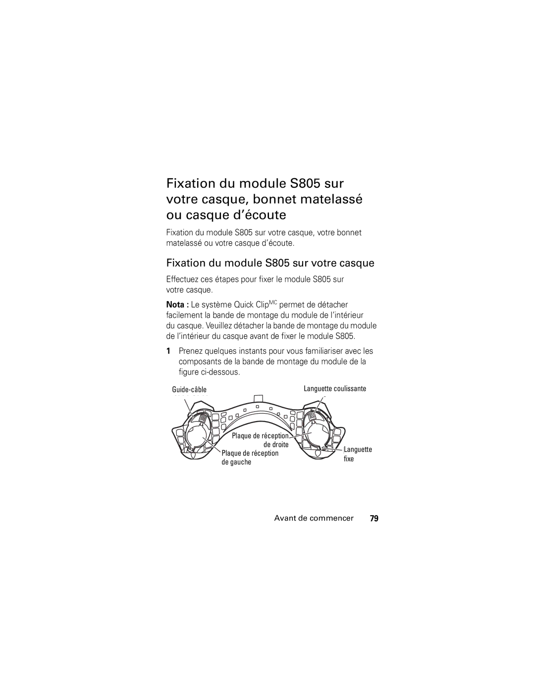 Motorola manual Fixation du module S805 sur votre casque, De gauche Fixe Avant de commencer 