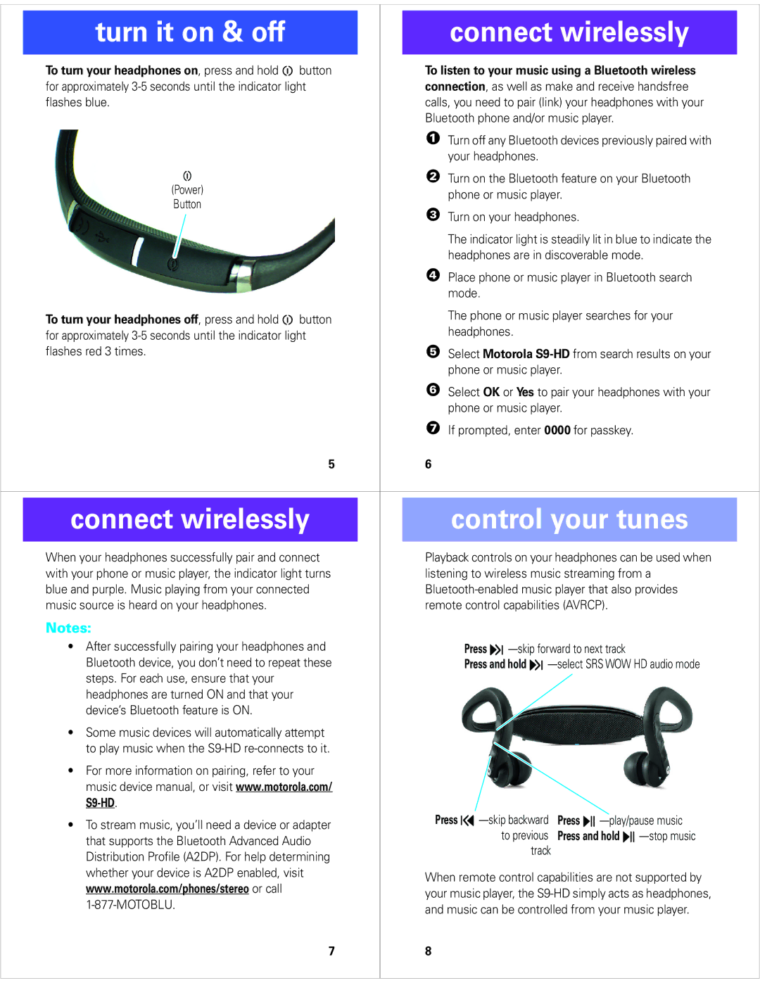 Motorola S9-HD quick start Turn it on & off Connect wirelessly, Connect wirelessly Control your tunes 