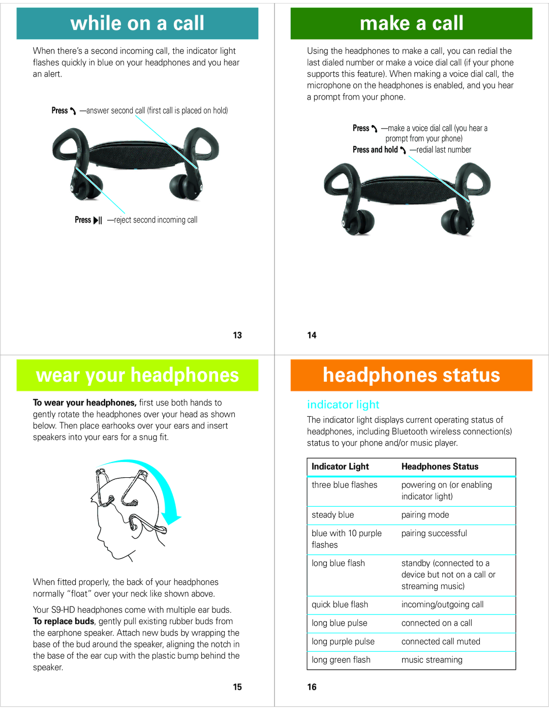 Motorola S9-HD quick start While on a call Make a call, Wear your headphones Headphones status, Indicator light 