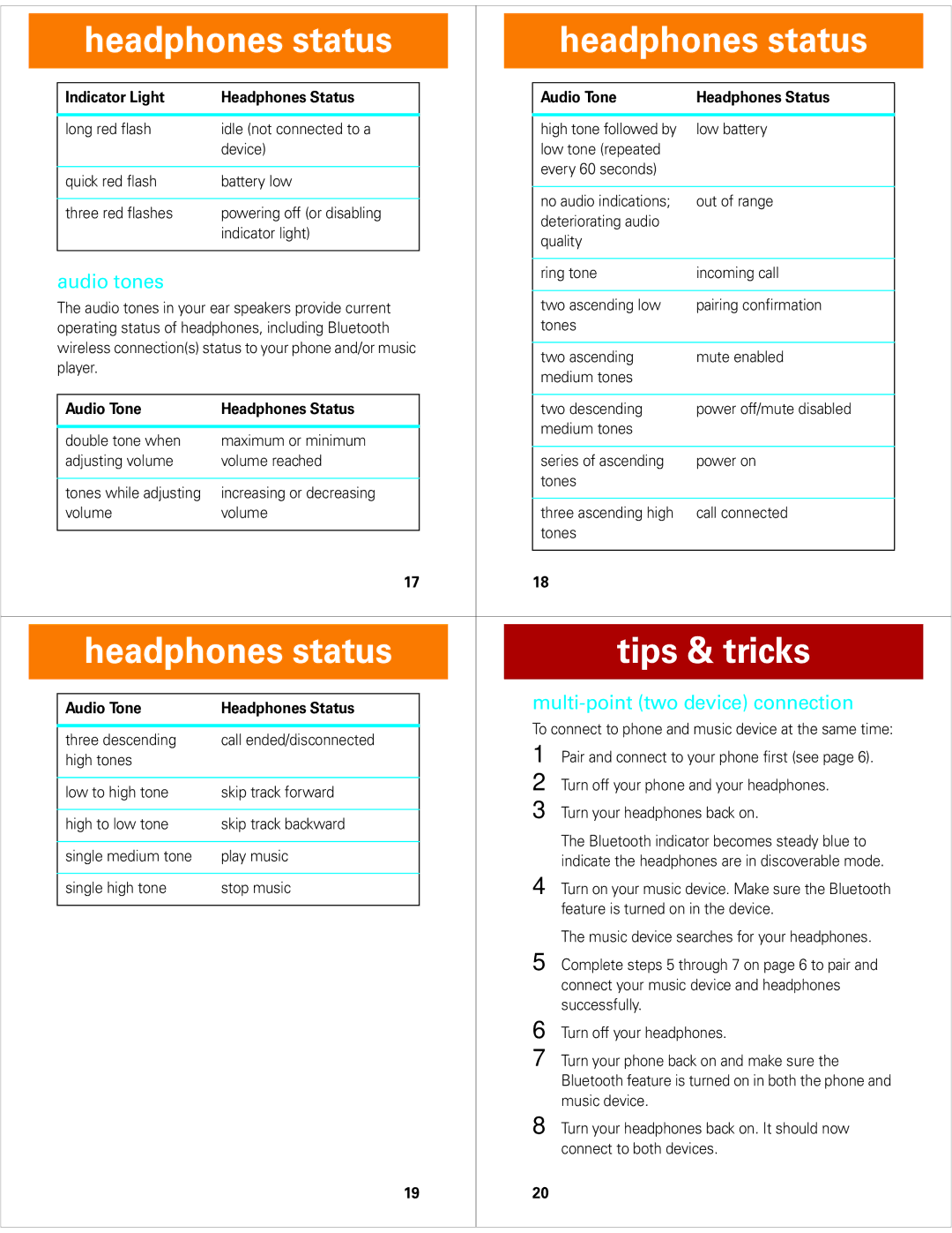 Motorola S9-HD quick start Headphones status Tips & tricks, Audio tones, Multi-point two device connection 