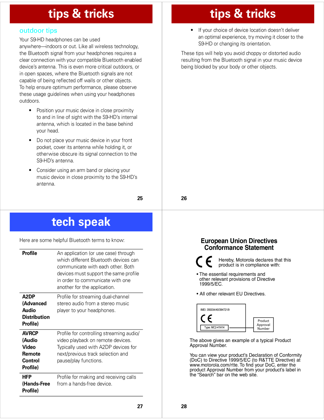 Motorola S9-HD quick start Tech speak, Outdoor tips 