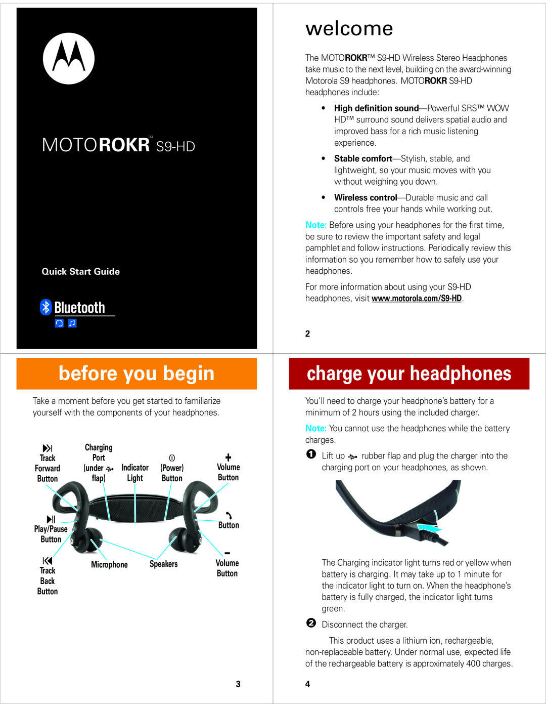 Motorola quick start welcome, charge your headphones, Quick Start Guide, MOTOROKR S9-HD, before you begin 