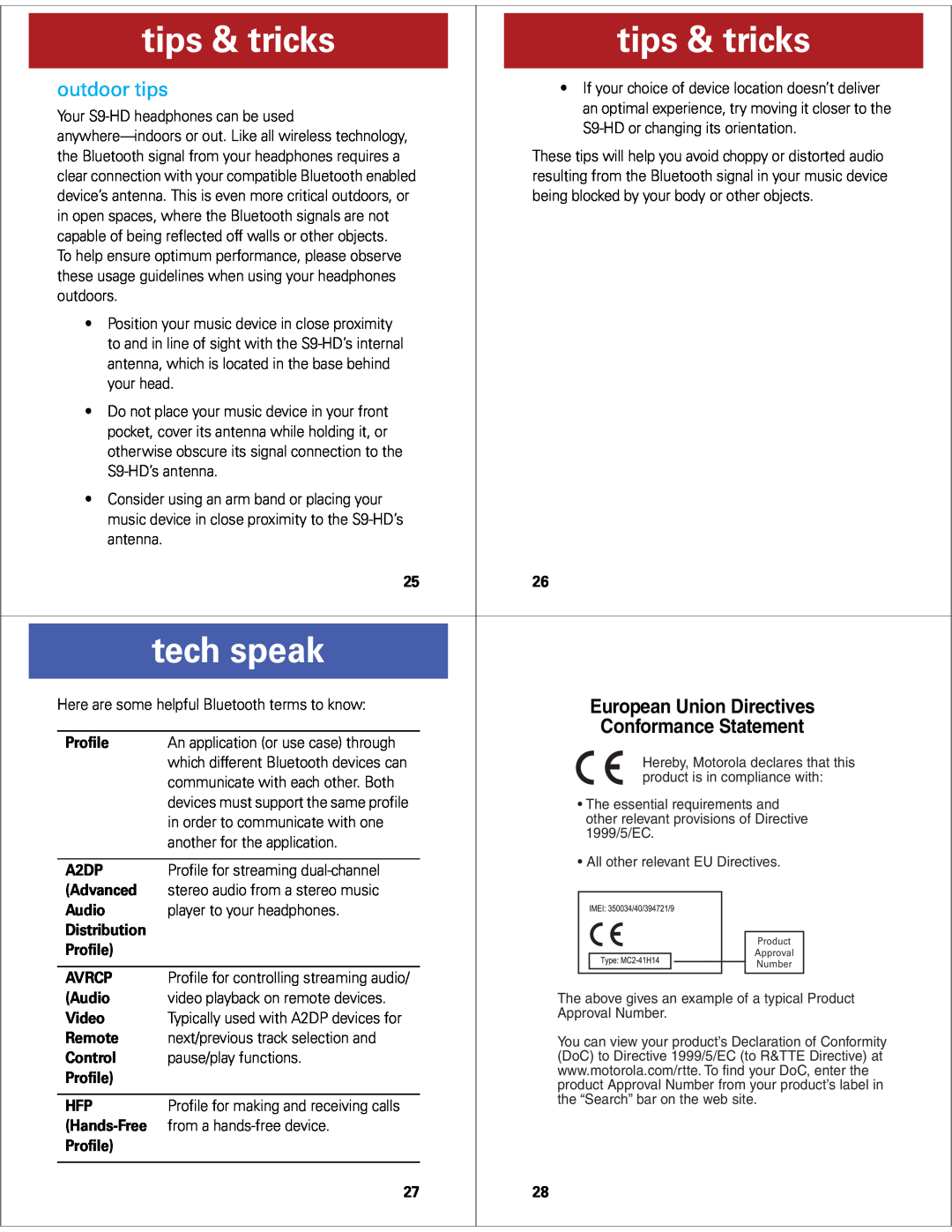 Motorola S9-HD quick start tech speak, outdoor tips, European Union Directives, tips & tricks, Conformance Statement 