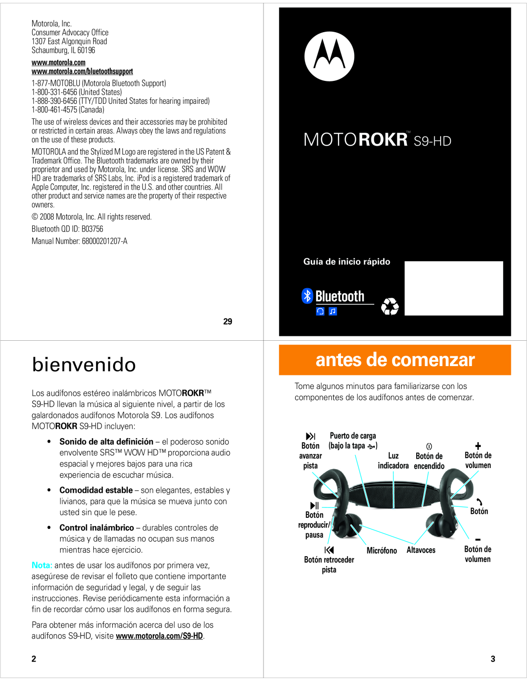 Motorola quick start bienvenido, antes de comenzar, MOTOROKR S9-HD, Guía de inicio rápido 