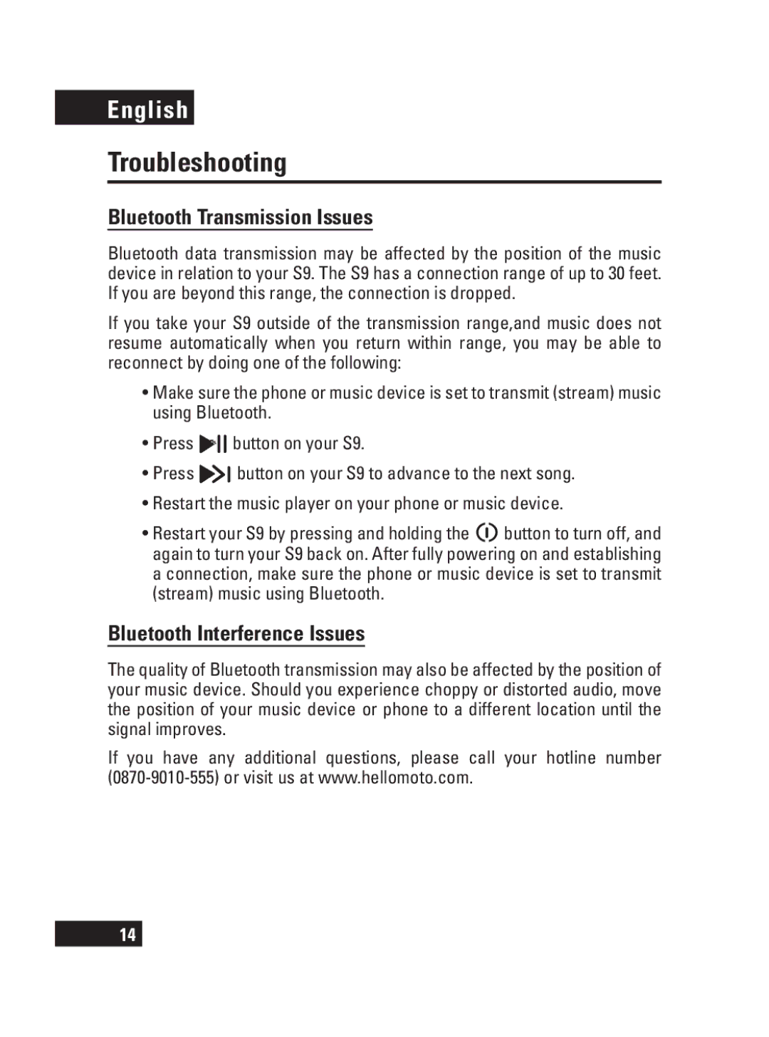 Motorola S9 manual Troubleshooting, Bluetooth Transmission Issues, Bluetooth Interference Issues 