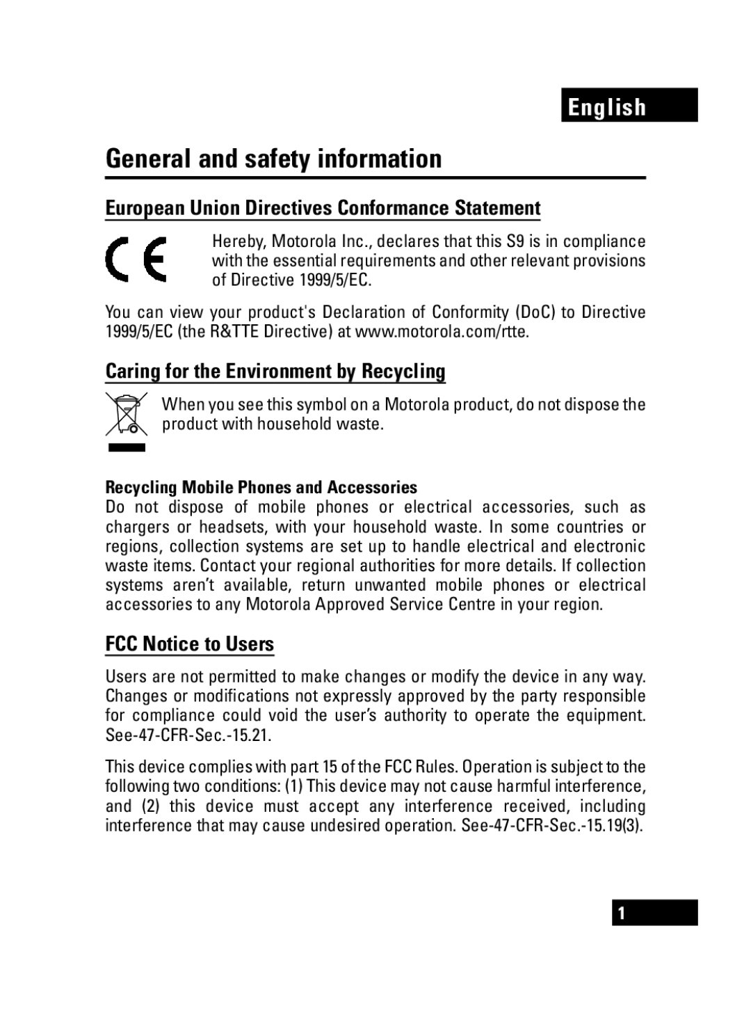 Motorola S9 manual General and safety information, European Union Directives Conformance Statement, FCC Notice to Users 