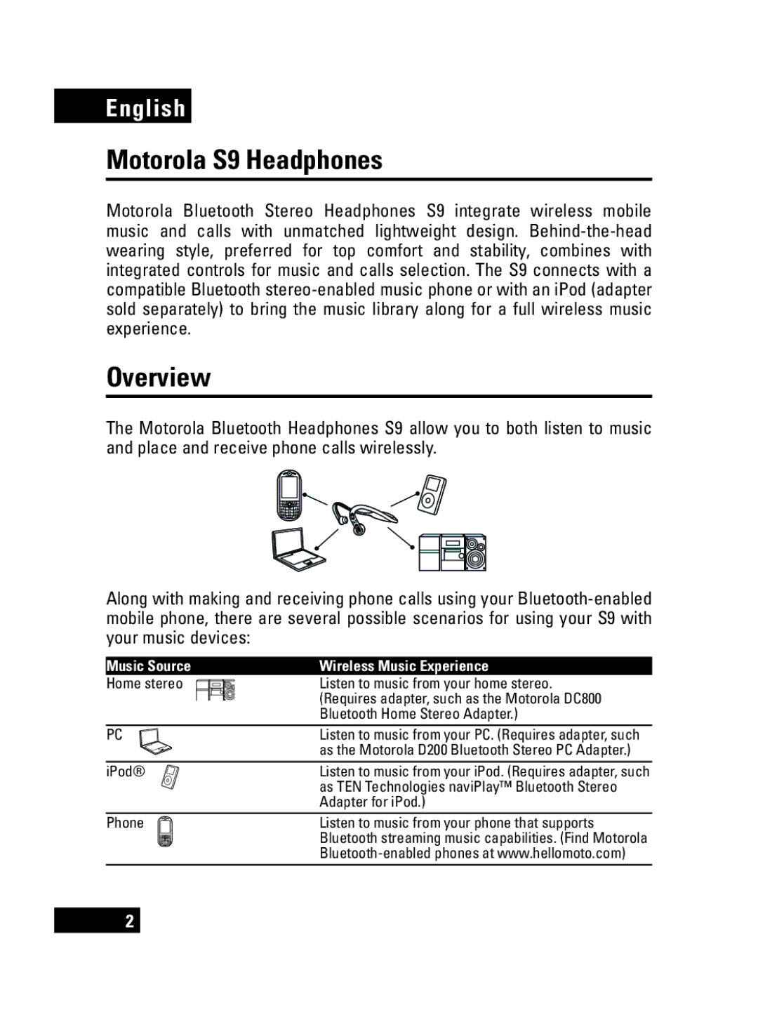 Motorola manual Motorola S9 Headphones, Overview, Music Source, Wireless Music Experience 