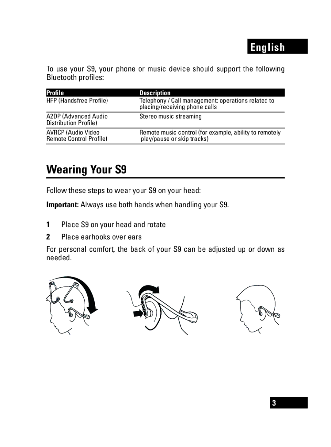 Motorola manual Wearing Your S9, Profile Description 