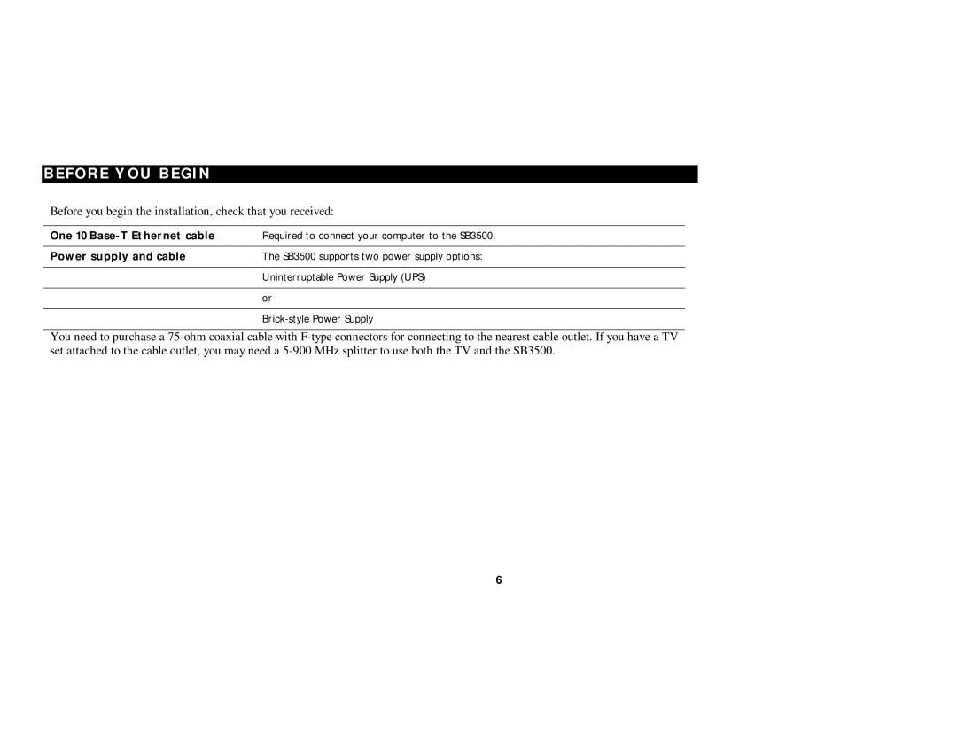 Motorola SB3500 manual Before YOU Begin, One 10Base-T Ethernet cable, Power supply and cable 