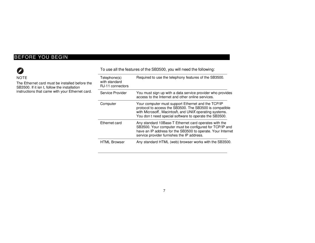 Motorola SB3500 manual Telephones, With standard RJ-11 connectors Service Provider, Computer, Ethernet card, Html Browser 