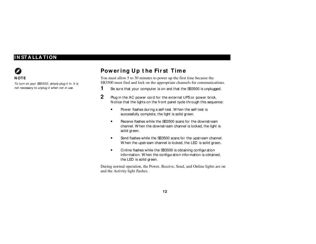 Motorola SB3500 manual Powering Up the First Time 