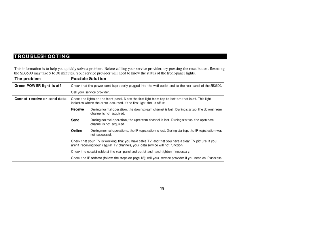 Motorola SB3500 manual Troubleshooting, Problem Possible Solution 