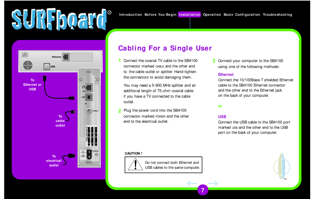 Motorola SB4100 manual Cabling For a Single User, Usb 