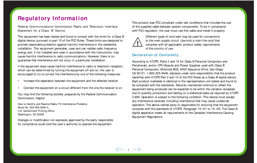 Motorola SB4100 manual Regulatory Information, Declaration of Conformity 